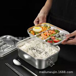 304 Stainless Steel <b>Lunch</b> <b>Box</b> Rectangle Double Layer Leak Proof With Handle And Buckle For Office School Use - Product Image 5
