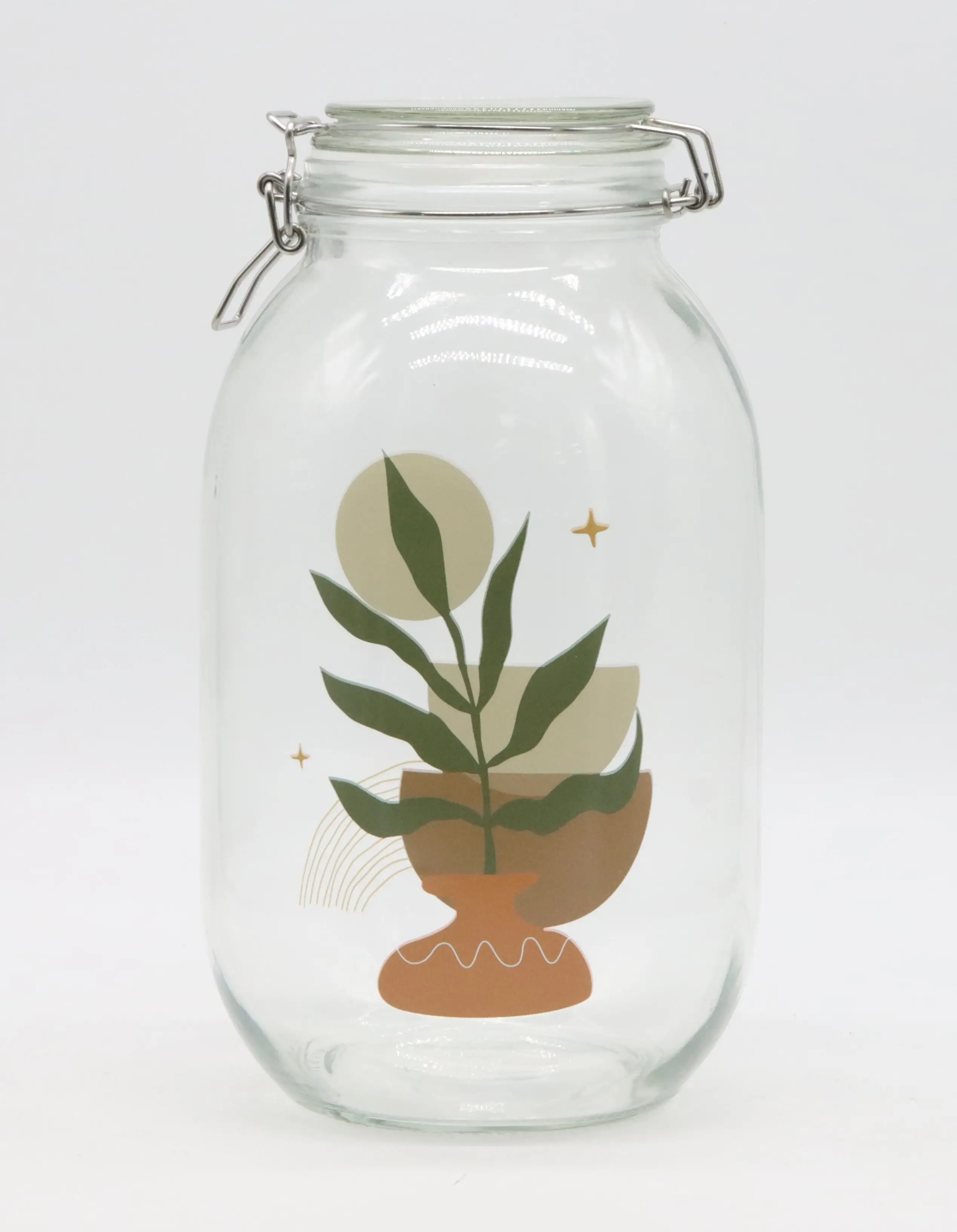カスタムロゴ透明シリンダーガラス食品貯蔵瓶気密クランプ蓋付きガラス製品家庭用貯蔵用植物デカール付き