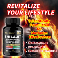 Capsules de résine de Shilajit naturelles enrichies en Ashwagandha et curcuma, améliorent la fonction cognitive et la concentration, un complément alimentaire.