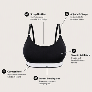 Soutien-gorge de sport noir premium pour femme, bretelles réglables, bande contrastante blanche, encolure dégagée, respirant à l'avant, idéal pour le yoga, la gym et le fitness - Product Image 4