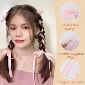 Korean Design Fashion Girl Flower Bow Satin Super Fairy Big Long Tails Bowknot Hair Bows Hair Clips Braiding Hair Tie