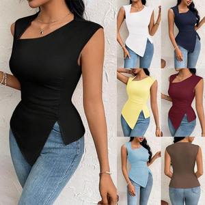 I-0597 Primavera-Verano, Nueva Camiseta Elegante para <span class=keywords><strong>Mujer</strong></span>, Cuello Inclinado, Corte Ajustado, Color Sólido, <span class=keywords><strong>Top</strong></span> Irregular para <span class=keywords><strong>Mujer</strong></span> - Product Image 1