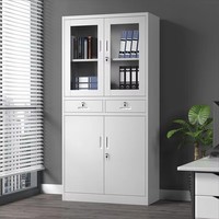 Armoire de rangement de bureau moderne en métal STORION Cabinet033 avec portes vitrées, verrouillable par clé, 2 tiroirs pour classement commercial