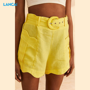 Blazer y pantalones cortos de alta calidad para mujer, conjuntos de dos piezas, ajuste fácil, 100% de lino, cuello en V, chaqueta con etiqueta con muescas, conjunto de pantalones cortos con cinturón de cintura - Product Image 3