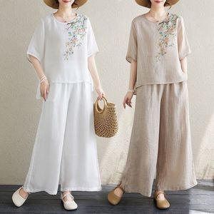 Traditional Chinese Style Women's Cotton Linen Two Piece Set Embroidered Top And Wide Leg Pants Casual Summer Outfit - Product Image 1