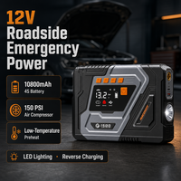 Démarreur de voiture et camion 12V, compresseur d'air 150 PSI, batterie 4S 10800 mAh, préchauffeur de pneus, entrée/sortie USB Type-C, lumière LED