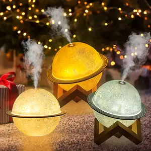 Baru Aroma Biji Kayu Diffuser Lampu Saturnus LED 3D Cetak Dekorasi Lampu Bintang 200ML Keren Kabut Humidifier Lampu Bulan dengan Dudukan Kayu