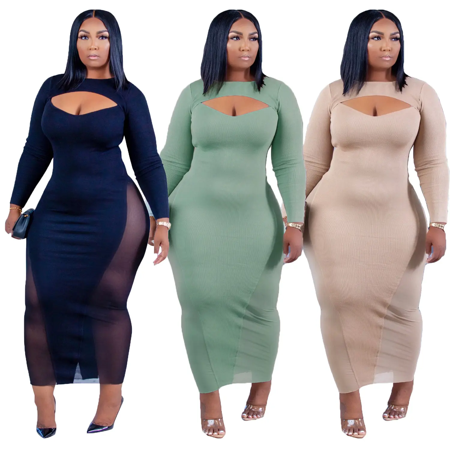 DP-019 L to 4XL Stylish sexy cute 2021 hollow out mesh plus size women's casual dresses