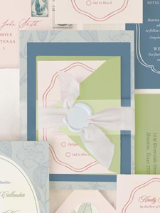 <span class=keywords><strong>การ์ด</strong></span>เชิญงานแต่งงานและลายดอกไม้ที่มีความสนุกสนาน: สีฟ้า สีชมพูอมแดง และสีเขียว พร้อมริบบิ้นและตราประทับขี้ผึ้ง - Product Image 2