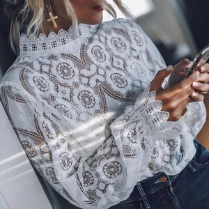 <span class=keywords><strong>Camicia</strong></span> Estiva da Donna Tinta Unita Sexy Trasparente con <span class=keywords><strong>Maniche</strong></span> <span class=keywords><strong>a</strong></span> <span class=keywords><strong>Palloncino</strong></span>, Blusa <span class=keywords><strong>a</strong></span> <span class=keywords><strong>Maniche</strong></span> Lunghe <span class=keywords><strong>Bianca</strong></span> in Pizzo Traforato - Product Image 1