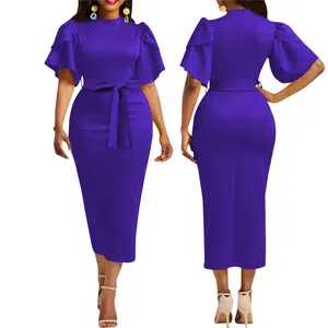 African Ladies Solid Midi Office Dresses High Quality Slim Waist Church Dress Fahion Elegant Dresses 2023