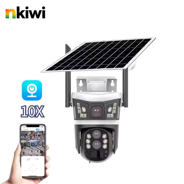 6MP 4G Solar Wireless Camera V380 Pro Three Lens 10X Zoom 4G Sim Card IP PTZ Security Solar CCTV Camera