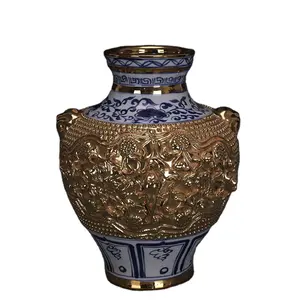 Middle Eastern style ceramic vase Antique Chinese Yuan Blue and White Hand-Carved Gold Painting Beast Amphora Pot Vase