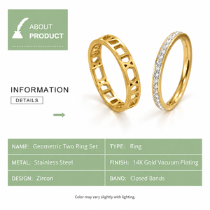 Conjunto de Dos Anillos Geométricos de Acero Inoxidable con Baño de Oro de 14K y Circonita - Product Image 2