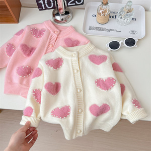 Child Star Circle Girls Wool Cardigan Pink Heart Pattern Warm Spring Autumn Sweater Full Sleeve Single Breasted - Product Image 1