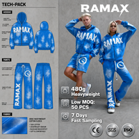 Ensemble de survêtement bleu délavé RAMAX pour homme, 480g, sweat à capuche zippé, détails blanchis, streetwear, vente en gros, fournisseur d'usine