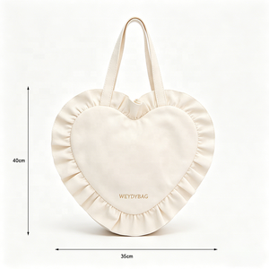 Borsa Tote in Tela a Forma di Cuore con Logo Personalizzato, Borsa a Spalla Casual Resistente e Leggera, Design Spazioso con Finitura a Volant - Product Image 6