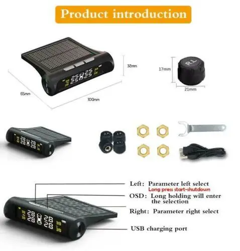 Tire Pressure Monitoring System TPMS Solar Power Universal Wireless with 4 External Sensors Monitor 4 Tires' Pressure and Temper