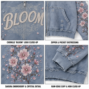Sudadera con capucha personalizada de felpa francesa lavada con cremallera, bordado de flor de cerezo, aplique, estilo urbano desgastado, sudadera con capucha personalizada para hombre - Product Image 3