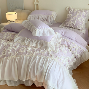Juego de cama de cuatro piezas de algodón lavado con agua de Rosa francesa con funda de edredón de encaje estilo princesa para las cuatro estaciones - Product Image 5