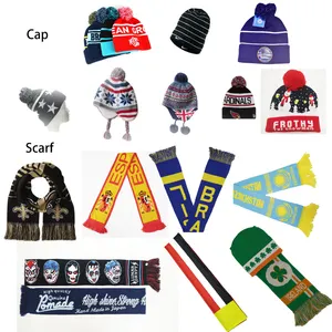 Custom festival knitted jacquard acrylic fan scarfs with fringes and customized logo beanie in set