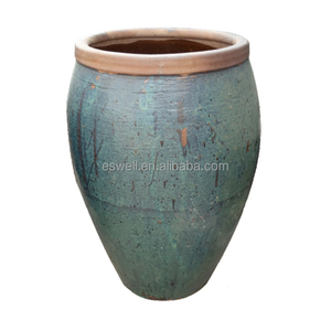 Pot de fleurs vintage en céramique émaillée avec doubles poignées latérales, grand et haut, pour aménagement paysager - Product Image 5