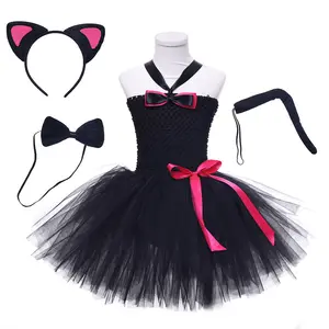 2024 Children's Girls Halloween Costumes Play Black Cat Tutu Dress Headband Tie Tail Brazilian Festival Dress