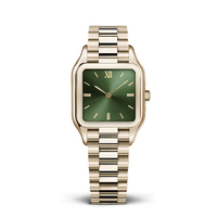 Montre analogique pour femme élégante et professionnelle, cadran rectangulaire vert, résistante à l'eau, en acier inoxydable doré, vintage, marque personnalisée