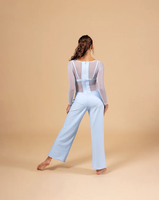 EDREI Costume de danse contemporaine lyrique bleu clair pour femme, en Spandex/Polyester, avec corsage en maille transparente à manches longues et bretelles contrastantes larges