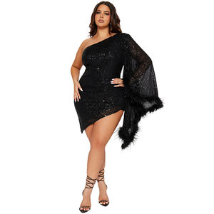 Liquidación <span class=keywords><strong>Sin</strong></span> Reposición CY900846 Elegante Vestido de Noche Asimétrico de Lentejuelas con un Hombro, Manga Acampanada y Adorno de Plumas - Product Image 4