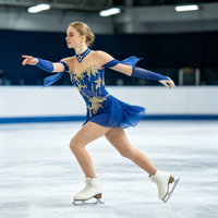 Robe de patinage artistique bleu roi pour enfants et adultes, épaules dénudées, manches en maille, strass dorés, motif floral, pour compétition et spectacle