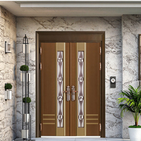 Porte d'entrée principale de villa à double porte, en bronze avec verre, non corrosive, durable, en cuivre