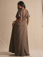 Robe longue élégante rayée grande taille, col en V profond, manches volantées, taille découpée à nouer, idéale pour les enterrements de vie de jeune fille et les soirées romantiques