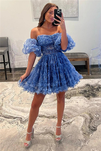 2025 Summer Custom Detachable Sleeves Off the Shoulder <strong>Blue</strong> Printed Women Ruffle Homecoming <strong>Dress</strong> - Product Image 4
