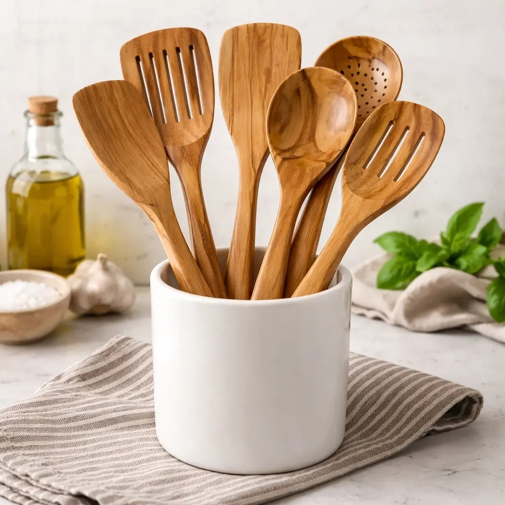 Olive Wood Wooden Cooking Utensil Set with Spatula, Cooking Mixing Spoon, Salad Spoon and Fork · image 4