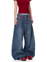 YUANBOFEI Jeans amples bleus personnalisés, style vintage américain, patchwork à carreaux, denim à jambes larges, super confortables pour un usage quotidien