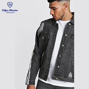 Gary couleur lavage denim jeans <span class=keywords><strong>veste</strong></span> <span class=keywords><strong>veste</strong></span> <span class=keywords><strong>en</strong></span> <span class=keywords><strong>jean</strong></span> <span class=keywords><strong>oversize</strong></span> avec peint à rayures latérales - Product Image 3