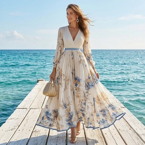 Abito Lungo da Donna con Stampa Floreale Digitale, Ecologico, Plissettato, Scollo a V, Maniche Lunghe, con Cintura, Elegante per Feste, Stile Boho <span class=keywords><strong>Chic</strong></span> - Product Image 2
