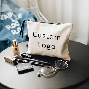 Gifts Custom Logo Printed Canvas Zipper White Makeup Bag Luxury Cotton Small Canvas Make Up Bag Travel Cosmetic Bag Pencil Pouch