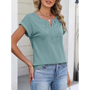 FOXA – haut en dentelle respirante à manches courtes pour femmes, chemisier en mousseline brodé style bohème, col en V, tunique décontractée d'été, élégante - Product Image 4