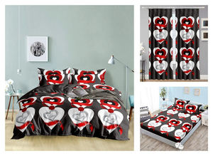 Set di Biancheria da Letto con Motivi a Cuore Stampati in Poliestere 100% Bianco e Nero con Tende Abbinate - Product Image 4