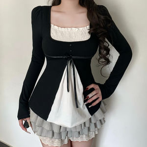 เสื้อยืดแขนยาวผู้หญิงทรงเอไลน์เข้ารูป แต่งสีสันแบบคัลเลอร์บล็อก ดีไซน์เลเยอร์ ตัดต่อผ้าแบบแพทช์เวิร์ค สไตล์ลำลอง ผ้าถัก - Product Image 5