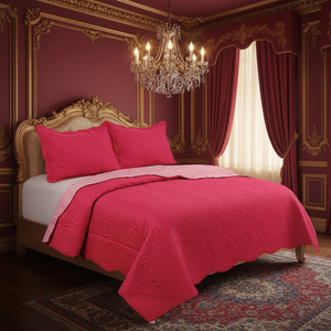 Juego de Cubrecama Acolchado Floral <span class=keywords><strong>Reversible</strong></span> Rojo y Rosa, Cubrecama Moderno de Microfibra Ultra Suave con Borde Festoneado y Fundas de Almohada, Estilo Hotel - Product Image 6