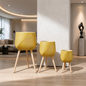 Modern Yellow Ceramic <b>Flower</b> <b>Pots</b> with Wood Legs Set of 3 Indoor Planters Minimalist Design Glazed Finish - Product Image 1
