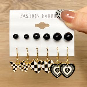 Vintage Love Geometric Checkerboard Drop <b>Earrings</b> Set for Women Fashion <b>Black</b> White Lattice Heart <b>Stud</b> <b>Earring</b> Jewelry - Product Image 3