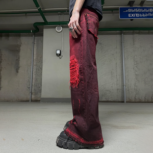 Jeans amples délavés vintage avec logo de marque personnalisé, <span class=keywords><strong>pantalon</strong></span> en denim pour <span class=keywords><strong>homme</strong></span>, rivets, effet usé, bordeaux, coupe <span class=keywords><strong>baggy</strong></span> - Product Image 3