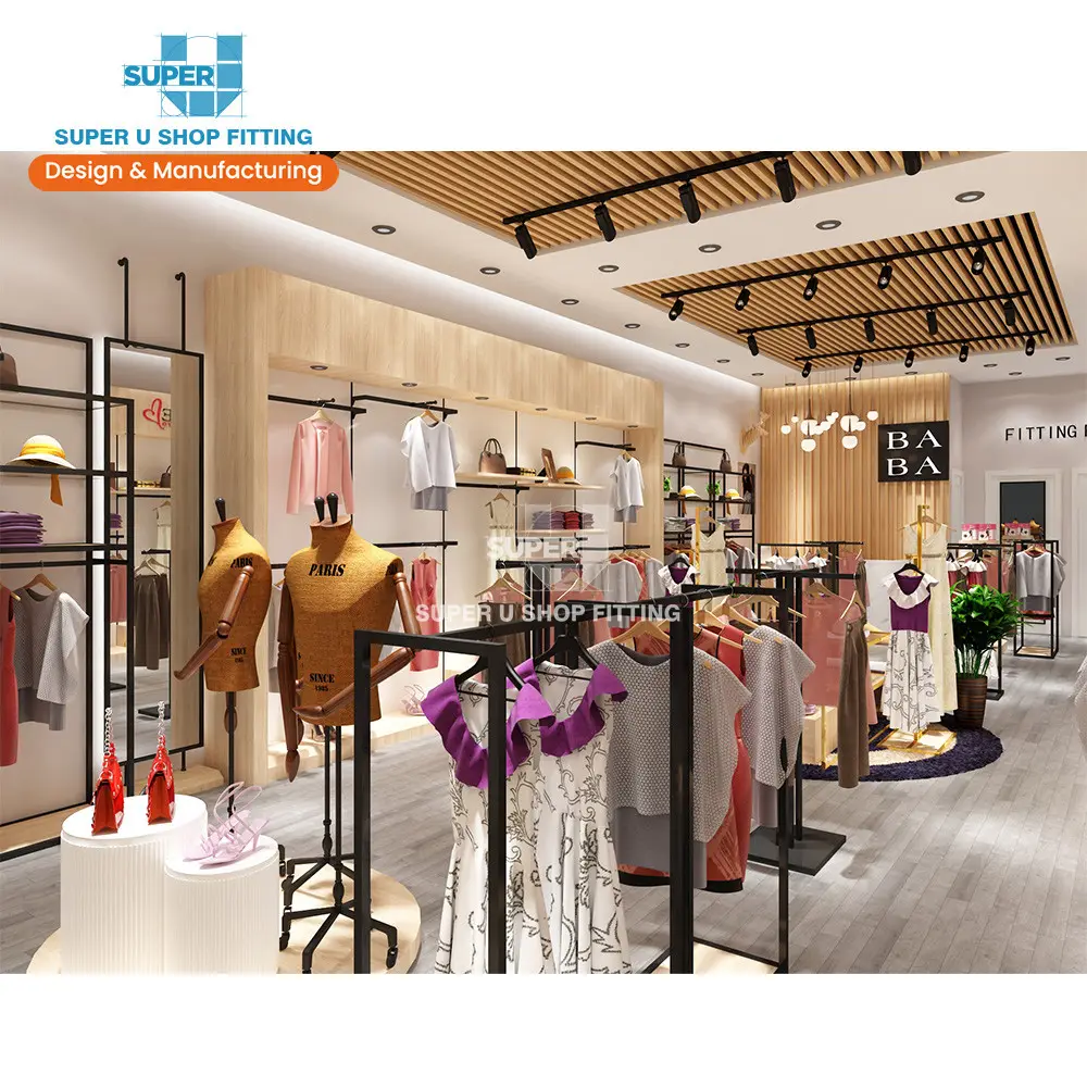 Trendy moda perakende konfeksiyon butik mağaza mobilya özel ahşap giyim mağazası dekor için kadın kıyafetleri ekran rafları tasarım