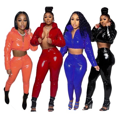 Женская зимняя одежда 2021, пузырьковое пальто из искусственной кожи с узкими брюками, Модный женский комплект из 2 предметов с укороченной толстовкой из искусственной кожи