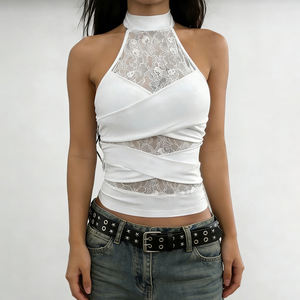 Top sin mangas para mujer, de encaje transparente, cuello alto, estilo halter, con cintura entallada, estilo sexy y atractivo. - Product Image 1