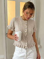 Damen Kurzarm-Strickjacke mit Knopfleiste, Rüschenbesatz, Weich, Elegant, Leicht, Sommer-Pullover-Oberteil